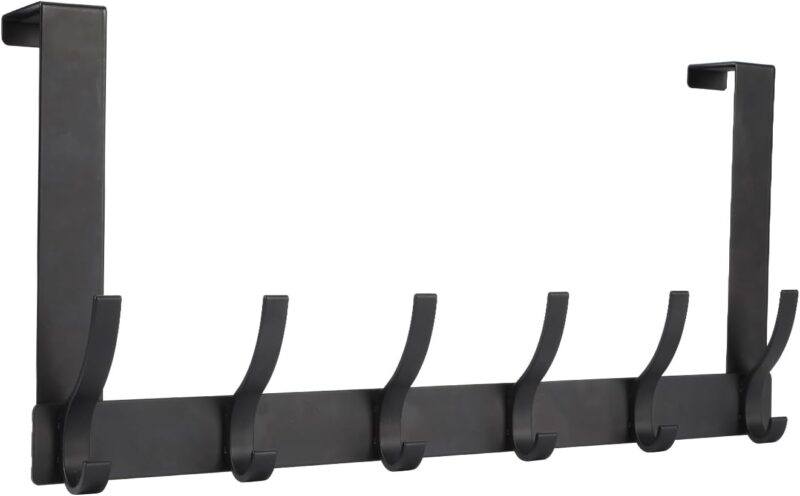 Over-the-Door Hook Rack – 6 Heavy-Duty Hooks for Coats, Hats, Towels – No Drilling Required – Fits 1.38–1.81 inches Thick Doors – Black Steel Organizer for Entryway, Bedroom, Bathroom, Closet (7.09 × 11.02 inches)