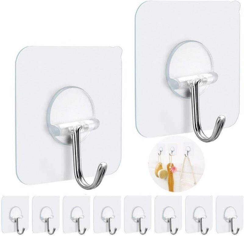 FOTYRIG Adhesive Hooks Heavy Duty Wall Sticky Hooks for Hanging Wall Hangers Without Nails 13lb(Max) 180 Degree Rotating Seamless Stick on Bathroom Kitchen Office Outdoors-10 Packs