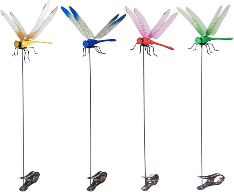 Indoor & Outdoor Fake Dragonfly Rod Clip,Dragonfly Clip Bug Repellent, 3D Dragon Fly Garden Stakes & Hat Simulation Decor, Garden Bird and Fly Scare Devices