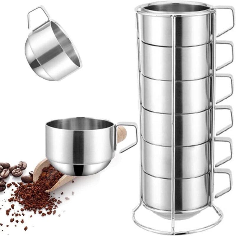 Double-Walled Stainless Steel Coffee Mug Set with Rack, Stackable Insulated Cups with Handles, 4/6 Piece Set for Home, Office, Camping, Hot Beverages – Corrosion Resistant & Easy to Clean