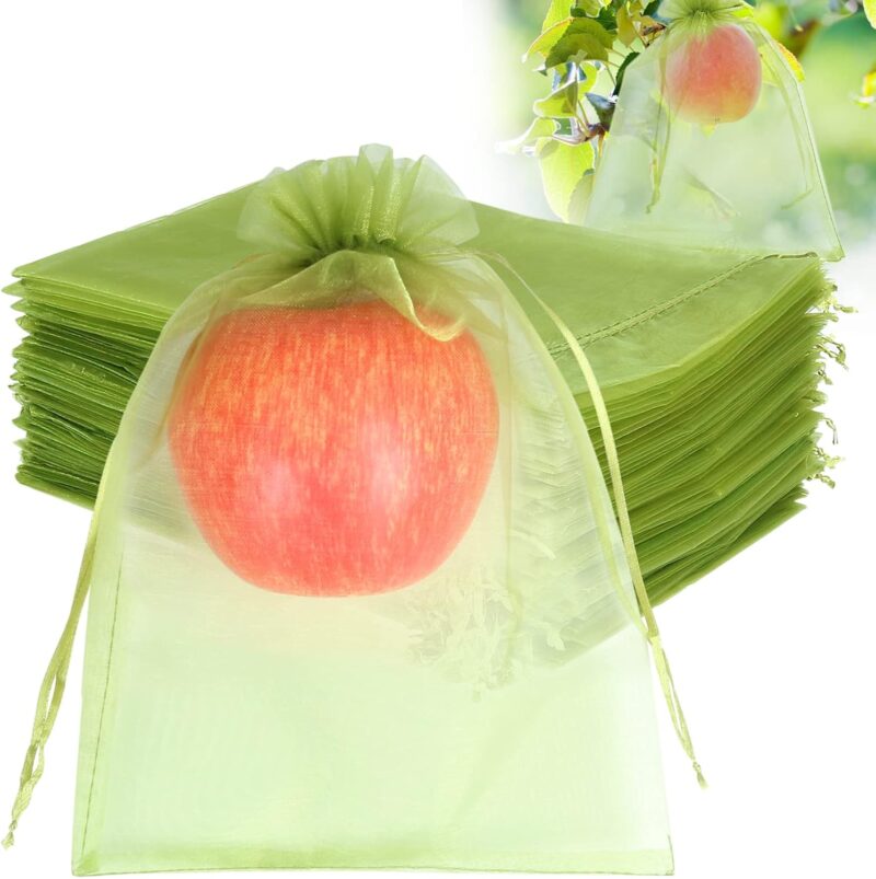 100pcs Fruit Protection Bags, Green Netting Cover Bags Drawstring Mesh Fruit Protectors Pest Barrier for Tomato Mango Trees Veggies Garden
