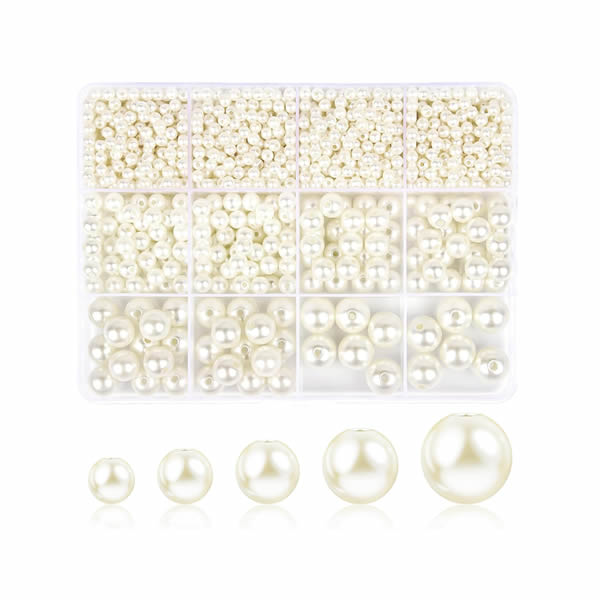 Assorted Pearl Beads with Holes for Jewelry Making – 600/800/1300PCS in 10 Sizes (3mm–14mm) – Round White Imitation Pearls with Storage Box – DIY Craft Supplies for Bracelets, Necklaces & Gifts