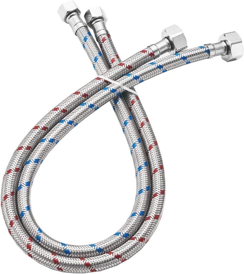 304 Stainless Steel Braided Water Inlet Hose – Dual-Head Flexible Pipe with Brass/Steel Nuts – Universal G9/16 Connectors – Hot & Cold Water Supply – Anti-Burst, Leak-Proof, 47IN - 2PCS