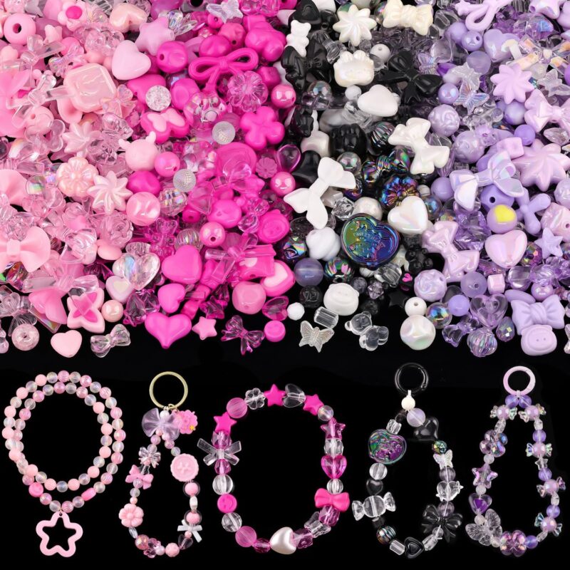 Assorted 200 PCS Acrylic Beads for Bracelet Making, Flower Bow Butterfly GummyBear Aesthetic Bracelet Charms,Cute Beads for Jewelry Making DIY Necklace Keychain Phone Charm