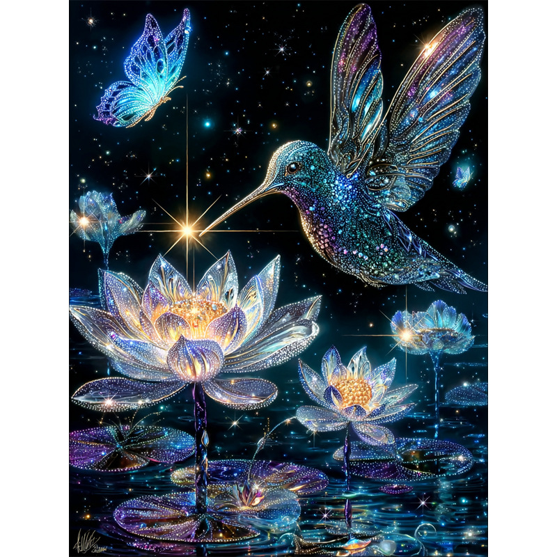 Diamond Painting Kit for Adults – Full Drill DIY 5D Holographic Canvas Art – Galaxy Cat & Hummingbird Set – Sparkling Rhinestones, Tools & Instructions for Beginners & Craft Lovers