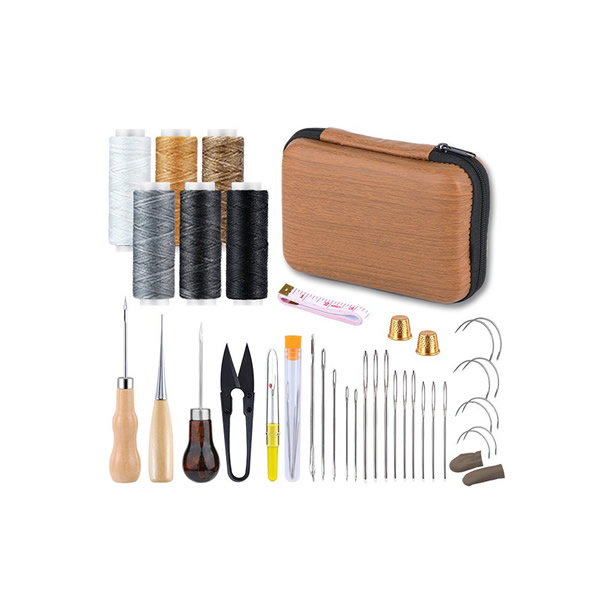 Premium Leather Sewing Kit with Threads, Awls, Curved & Straight Needles, Thimbles, Finger Cots, Scissors, Tape & Case – 207pcs