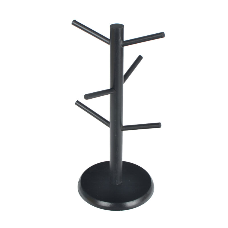 Wooden Mug Tree Holder Stand – 6 Hook Coffee Cup Rack Organizer for Kitchen Countertop, Bamboo & Black Options, Space-Saving Coffee Mug Holder for Tea Cups, Mugs, Keys – Non-Slip Base, Easy Assembly