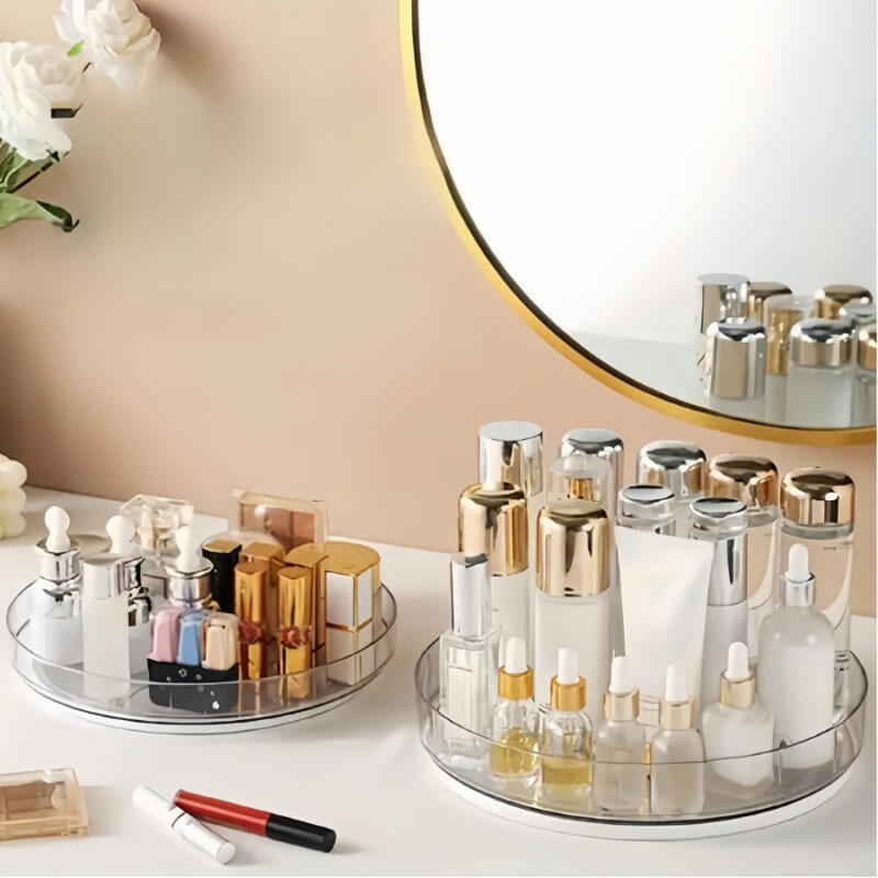 Clear Rotating Turntable Organizer for Kitchen & Bathroom – Lazy Susan Spice Rack with Raised Edge – 360° Rotating Tray for Cabinets, Pantry, Makeup, Skincare – 9.25" & 10.6" Sizes