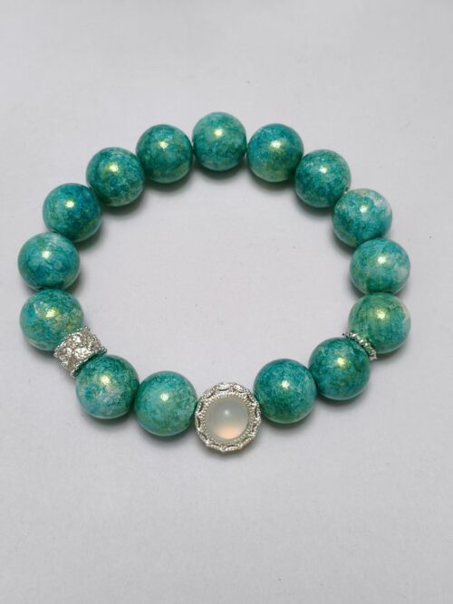 Turquoise Blue Glass Bead Bracelet for Women – Handmade Oil Painting Inspired Stretch Bracelet with Sparkling Crystal Spacers, Elegant DIY Jewelry Gift